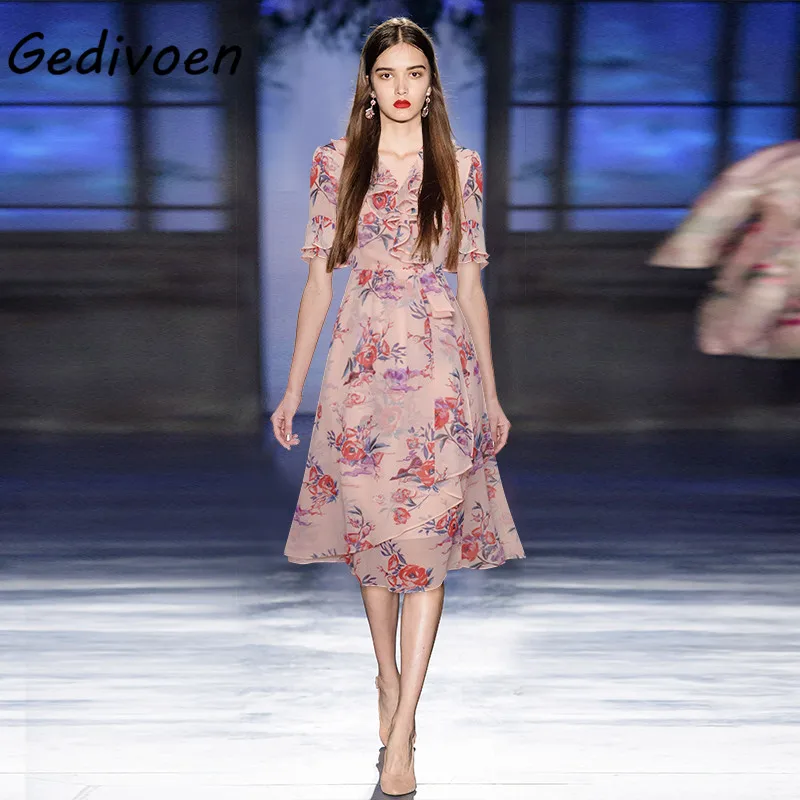 

Женское модельное платье Gedivoen, розовое платье до колен с V-образным вырезом и цветочным принтом, лето 2021