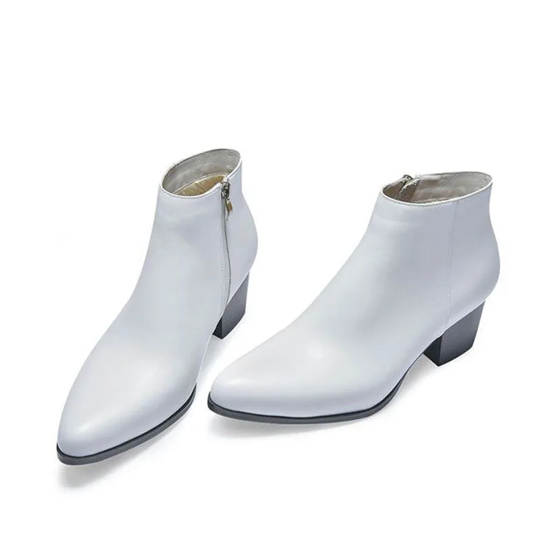 New Winter Mens High Heels Real Leather Boots Pointed Toe Zip Plush Warm Ankle Work Safety Career Wedding Party Men Shoes | Обувь