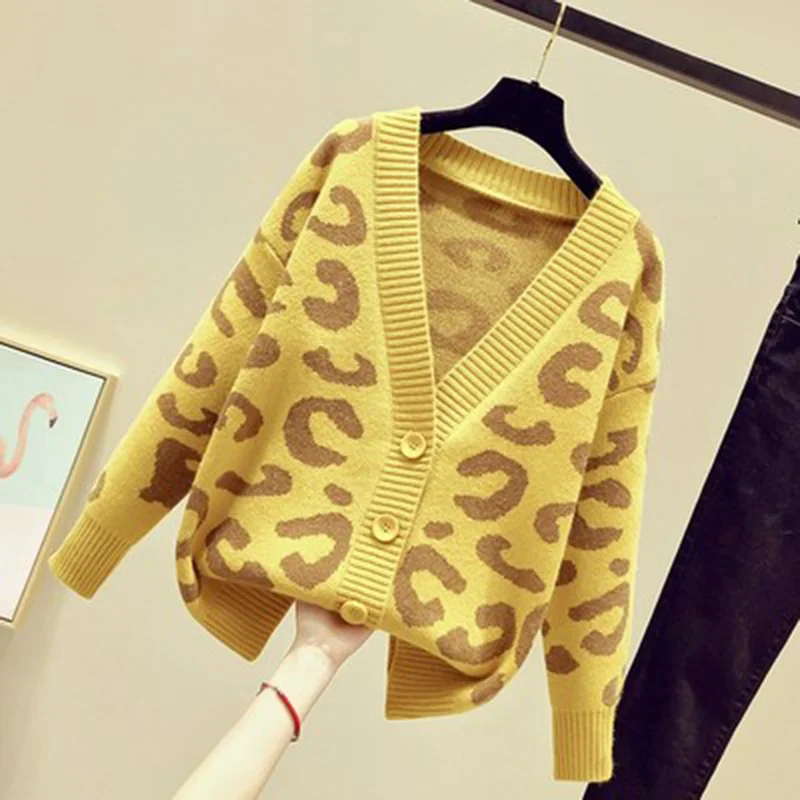

Women Leopard Print V Neck Knit Sweater Cardigan 2021 Korean Loose Female Knitshirt Jacket Autumn Casual Short Coat