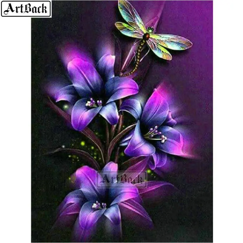 5d алмазная живопись Лилия стрекоза фиолетовый пейзаж вышивка крестиком