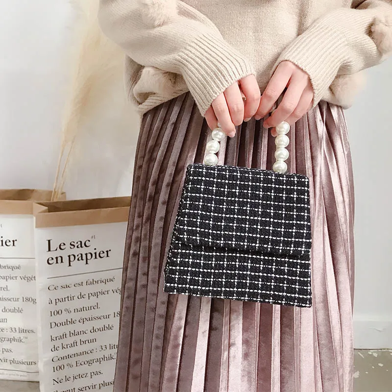 

Women's Wool Handbag Tote Bag Top Handle Handbag Shoulder Bag With Pearl Handle Crossbody Bags