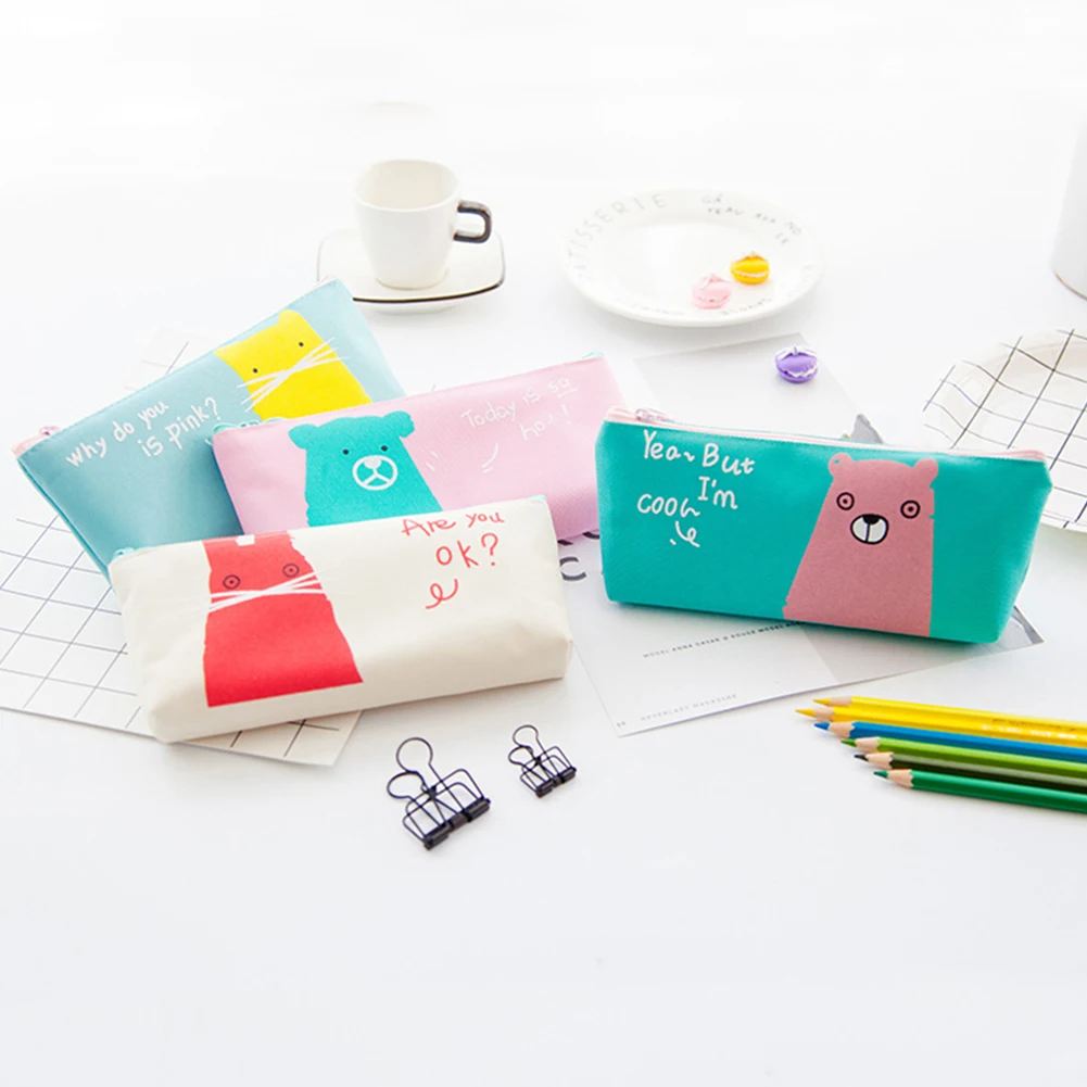 Милый чехол-карандаш с мультяшным котенком и медведем вместительный холст на