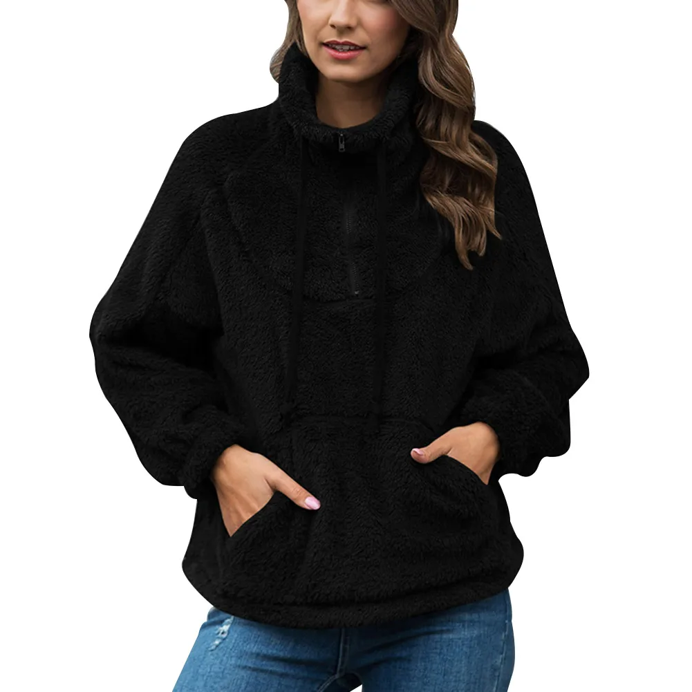 

Women Soft Plush Sweatshirt Long Sleeve Zipper Up Stand Collar Warm Pullovers Tops J55