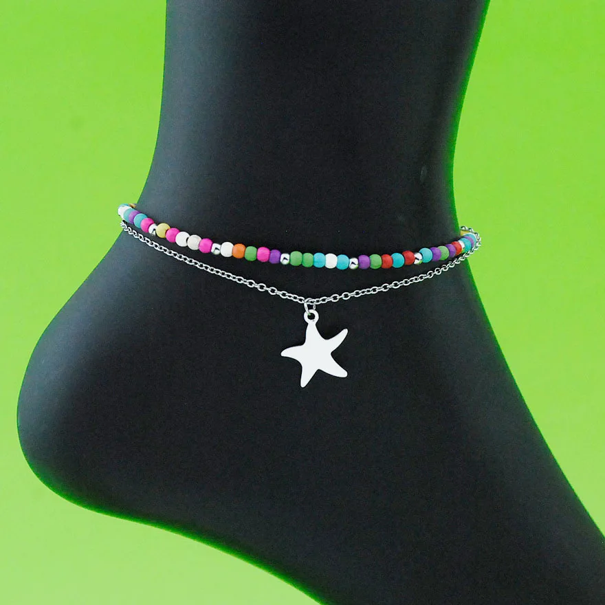 

New Double Layer Green Stainless Steel Anklet Star Pendant Anklet Style Foot Jewelry