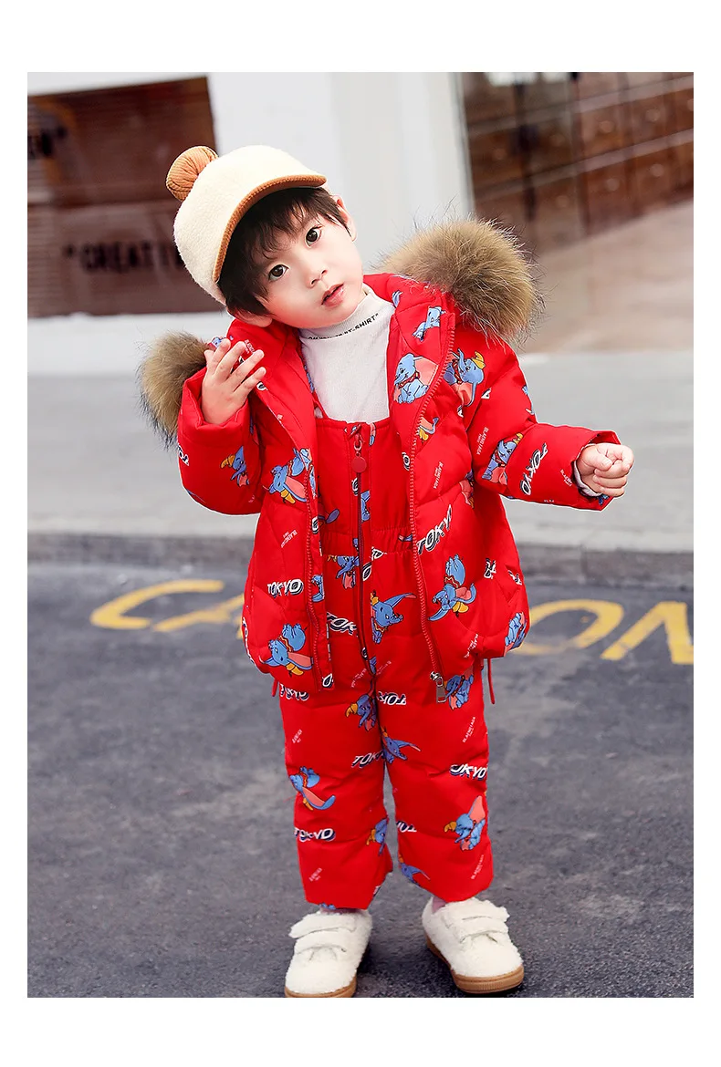 Winter children's down suit Girls pink snow suit Boy ski down suit Baby windproof down jacket+ thick Keep warm down pants
