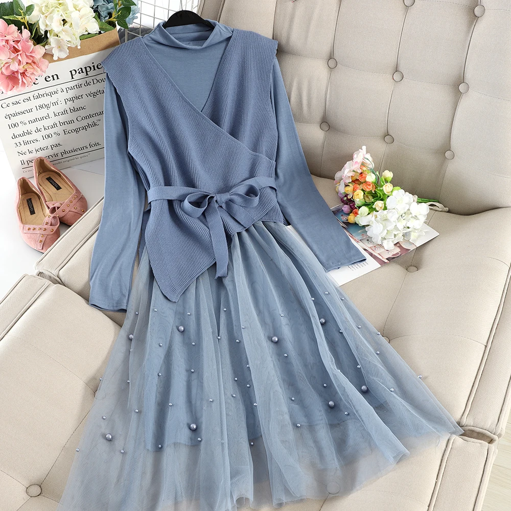 Асимметричное трикотажное платье тонкий свитер джемпер длинные с бусинами сетка