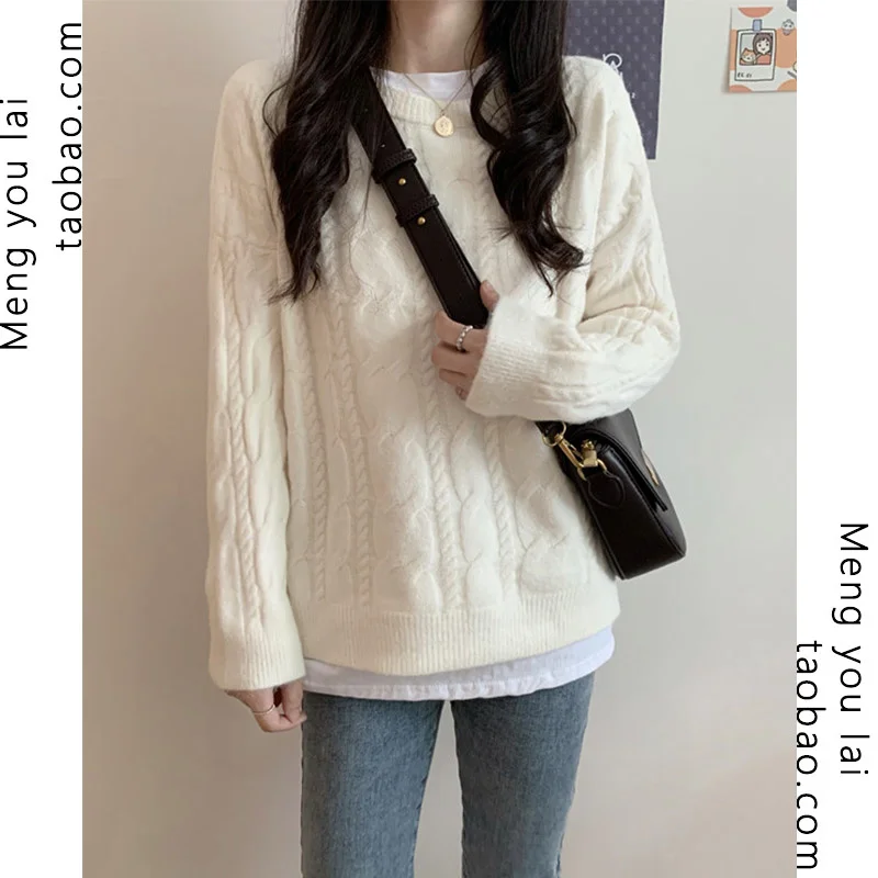 

Осень-зима ленивый стиль ретро легко сочетающийся Толстый белый свитер женский дизайн нишевый японский пуловер вязаный на шнурке Jum