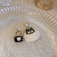 925 silver needle korean light luxury fashion grid pattern small fragrance diamond inlaid handbag bow earrings