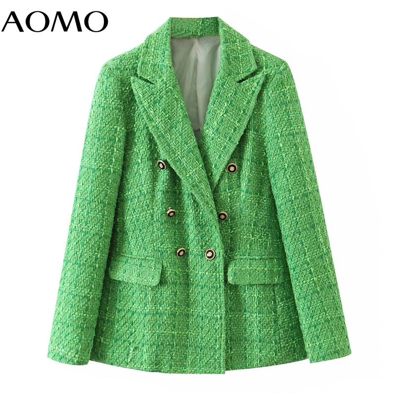 

AOMO 2021 Winter Women Double Breasted Green Tweed Blazer Coat Vintage Long Sleeve Office Lady Outerwear SL121A