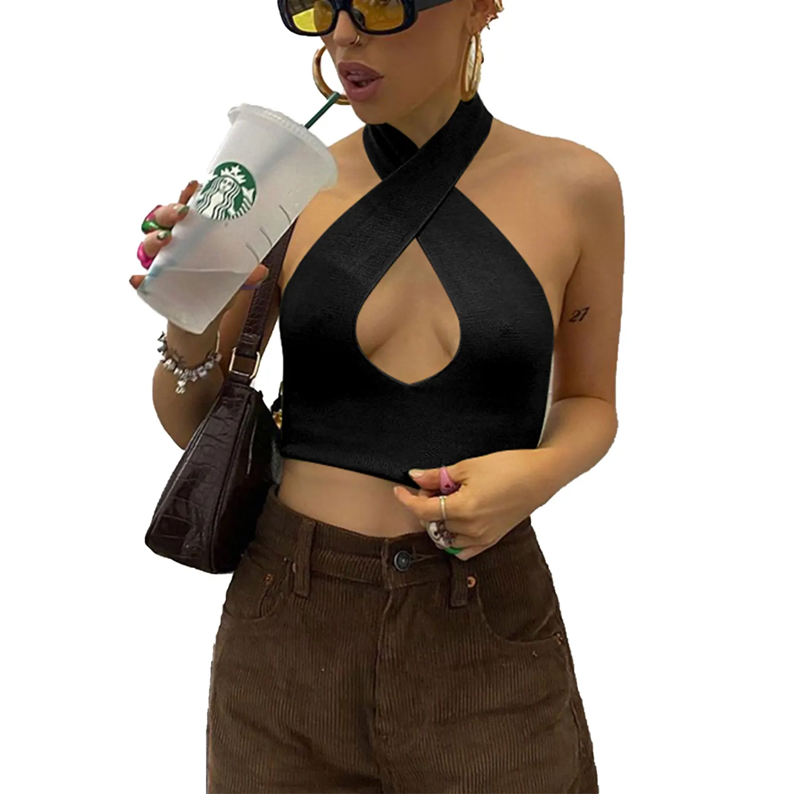 

2021 Summer Ladies’s Sexy Cross Halter Knitted Vest Fashion Solid Color Hollow Exposed Navel Camisole