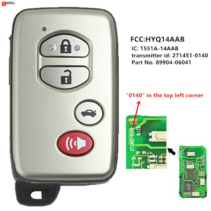 KEYECU для Toyota Camry 2007 2008 Smart Prox ключ дистанционного управления 4 кнопки Fob FCC: HYQ14AAB P/N: