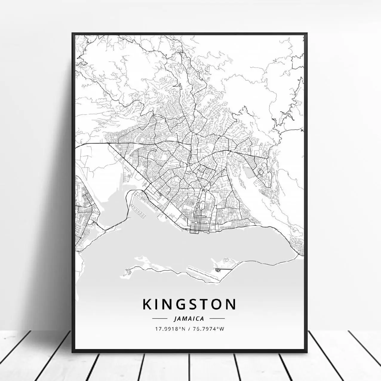 Черный и белый Kingston Jamaica Широта Долгота холст Художественная карта Плакат | Дом