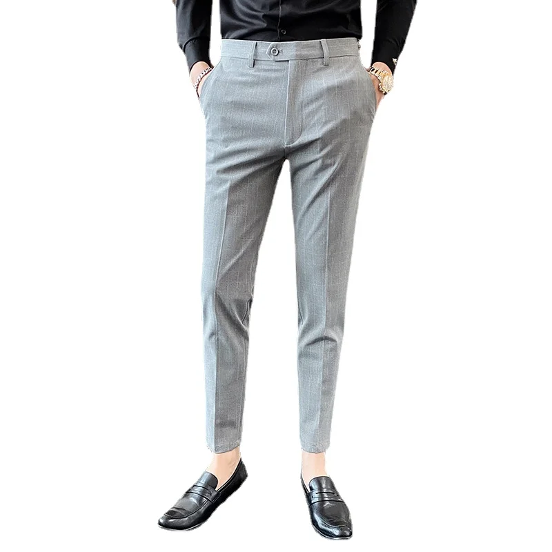 

2021 Men's Spring Solid Color Suit Pants Fashion Business Casual 9 Points Pants Suit Pants Men's Elastic Straight Formal Pants