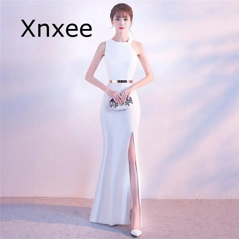 

Xnxee сексуальные длинные вечерние платья с лямкой на шее на молнии сзади элегантные белые Формальные платья без рукавов с юбкой-годе