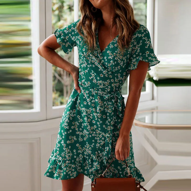 

Women Dresses Summer 2021 Sexy V Neck Floral Print Boho Beach Dress Ruffle Short Sleeve A Line Mini Dress Sundress Robe