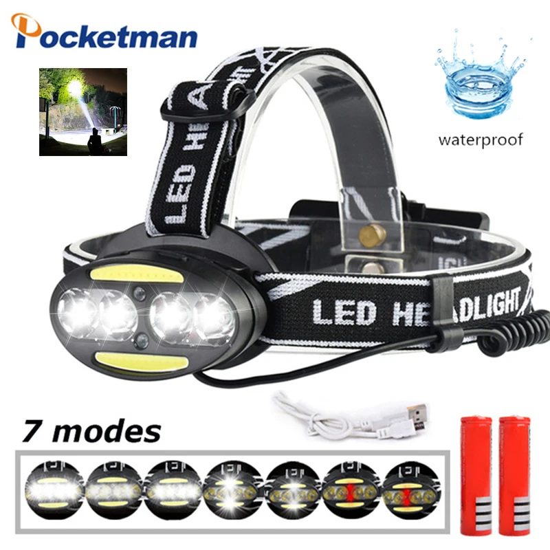 

Super Bright LM LED headlamp 4* T6 +2*COB+2*Red Headlamp Waterproof Flashlight Rechargeable Torch Lantern with battery
