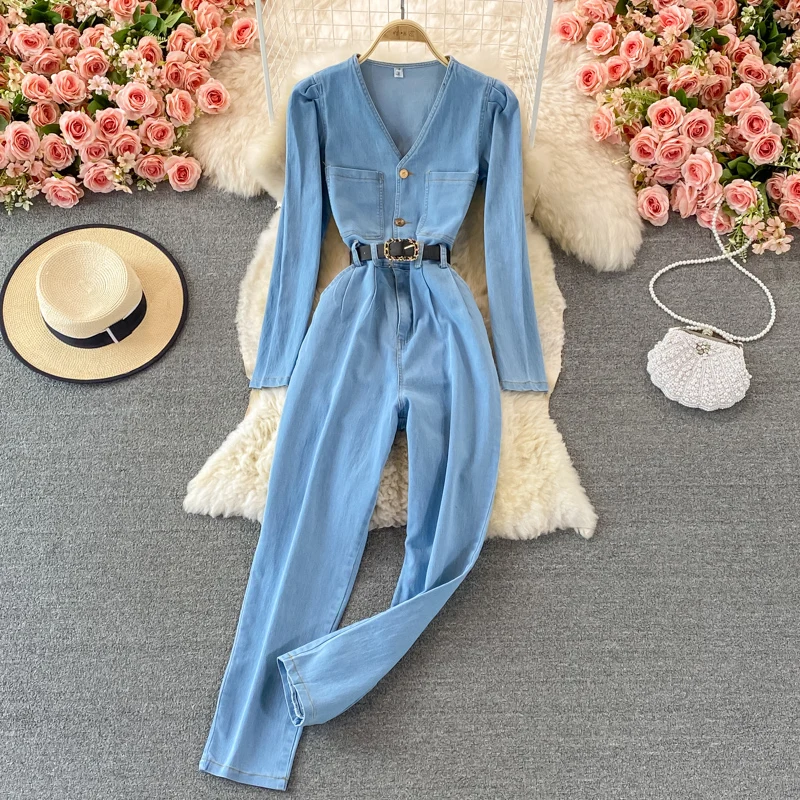

Amolapha Women New Arrived Autumn Denim Long Playsuits V-neck High Waist Single Breasted Sashes Jeans Overall Jumpsuits Female