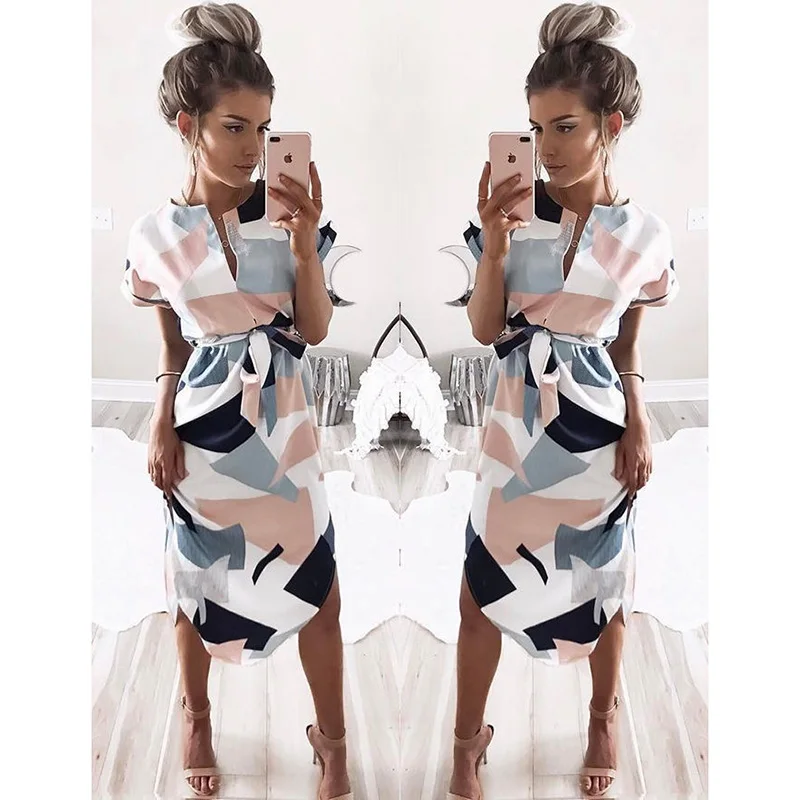 

Fashion Women Sexy V-neck Square Print Mid-Length Dress Sexy Dresses High Quality Ladies Casual Dress 2021 New Arrival