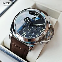 megir mens chronograph luminous quartz watches with calendar date round analog military leather strap wristwatch man ml3406g