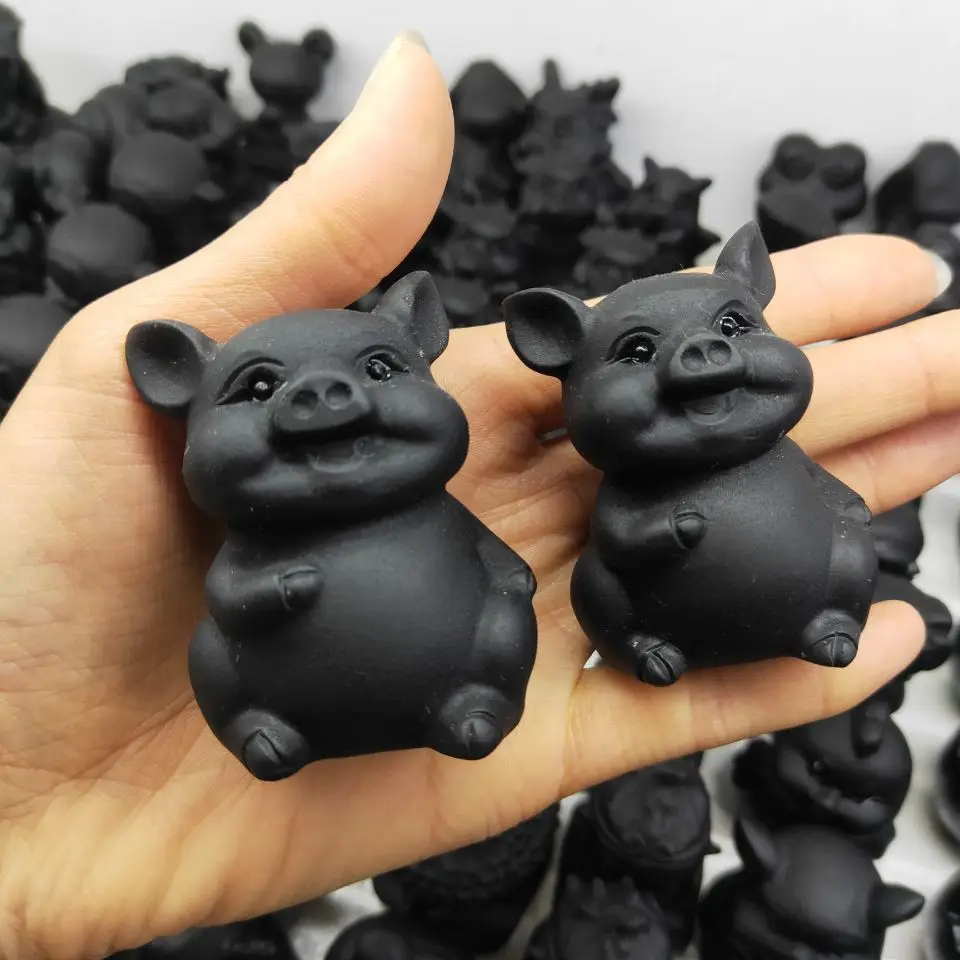 

Natural Obsidian Quartz Pig Figurine Hand Carved Animal Ornaments Crystal Polished Healing Stones Gemstones Home Decoration Gift