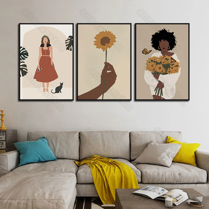 

Nordic Style Canvas Painting Posters Abstract art cartoon figure women sunflowers pictures for home rooms Gallery Wall Decoratio