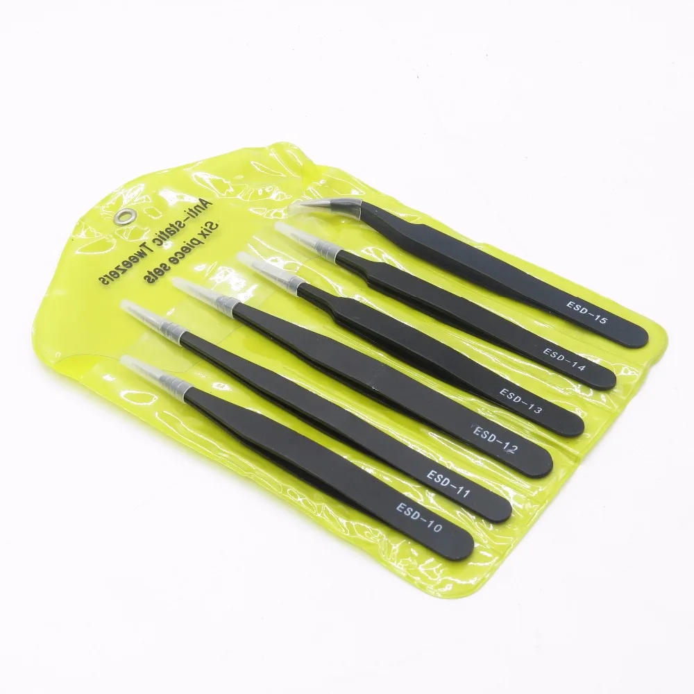 6pcs 6 шт. антистатические ESD пинцеты из нержавеющей стали инструменты для технического обслуживания промышленные прецизионные изогнутые прямые пинцеты ремонтные инструменты - Тип головки пинцета: 6pcs