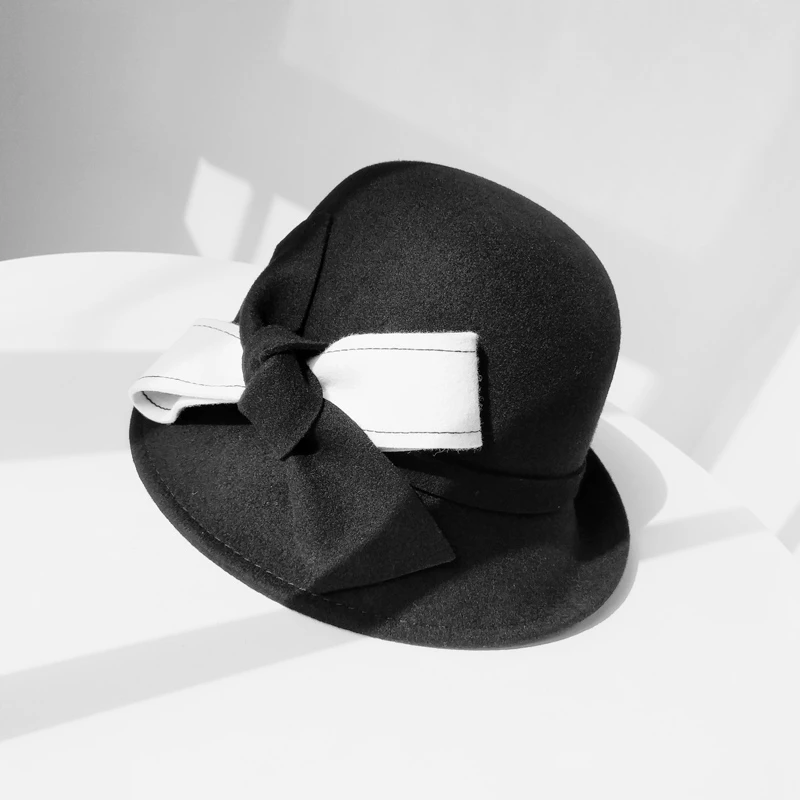 Ladies 100% Wool Winter Bowler Hat Retro British Hepburn Cloche Bucket Hat with Bow Accent
