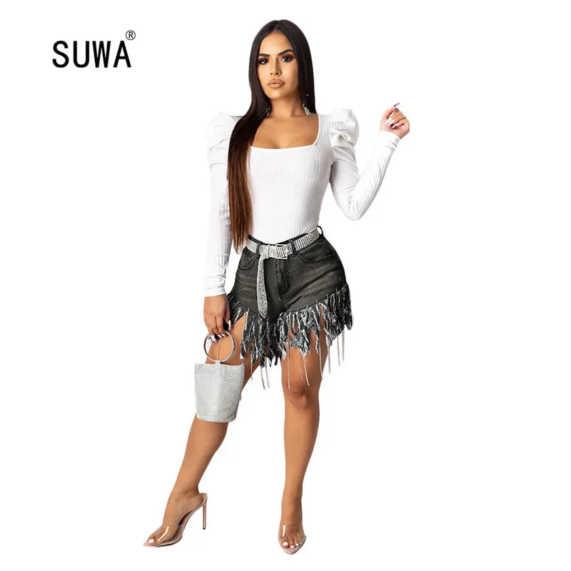 

Women vintage denim spliced high waist button fly tassel hem shorts femme summer sexy hot pants with pocket 3 color streetwear