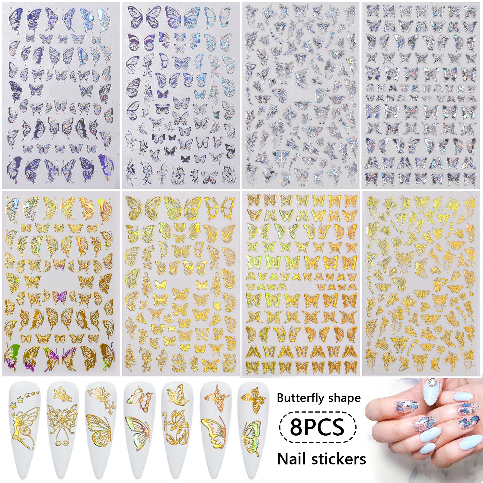 4 шт. золотые/Серебристые 3D наклейки для дизайна ногтей в виде бабочки