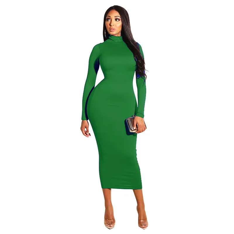 

RStylish Solid Color Women Long Sleeve Turtleneck Bodycon Maxi Dress Spring Autumn Slim Sexy Dresses High Waist Buttocks Dress