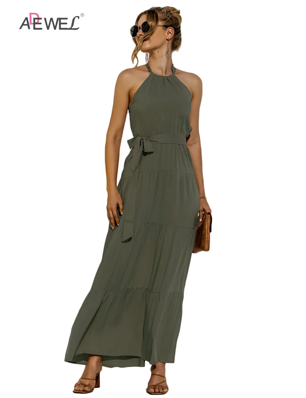

ADEWEL Women Summer Long Dress Elegant Solid Color Casual Dresses Black Sexy Halter Strapless New 2021 Backless Vacation Dress