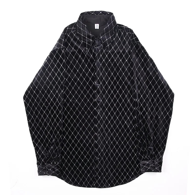 Мужской бархатный Блестящий клетчатый Свободный кардиган Повседневная рубашка