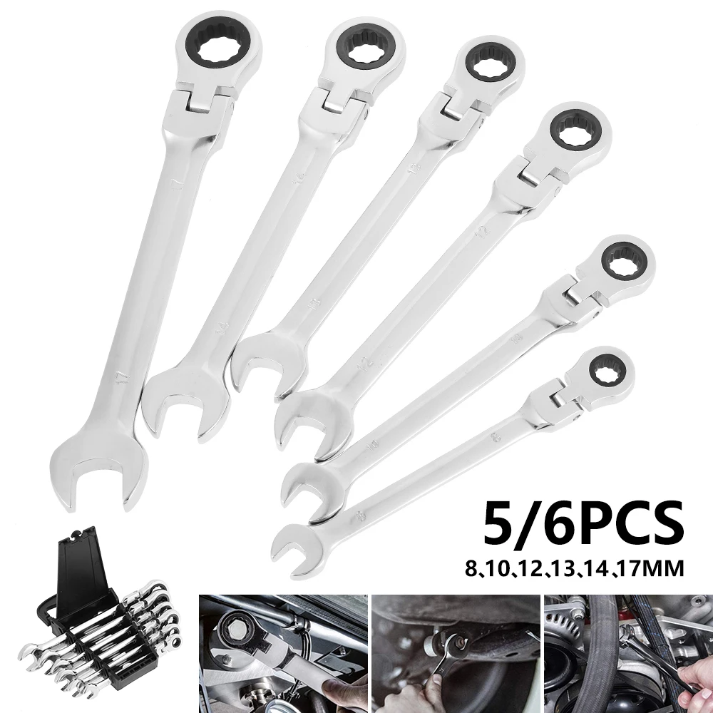

5/6PC Ratchet Wrench Set Professional Adjustable Flexible Head Combination Dual Purpose Open End Ring Spanner Metric Repair Tool