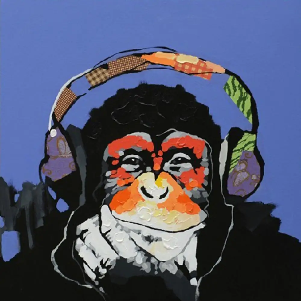 

Framed Oil Painting Monkey with Headphone Modern Wall Art on Canvas Hand Painted for Kids Room Home Wall Decor Ready to Hang