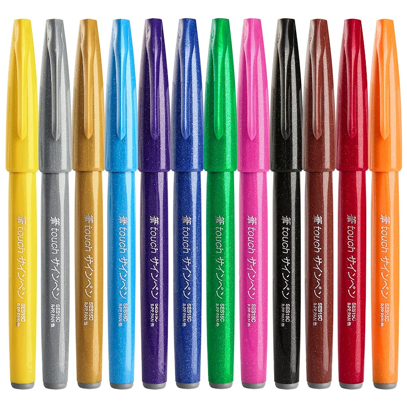 Pentel Touch Brush Sign Pen 12 Colors Set Flexible Tip Caligrphy Drawing Pen
