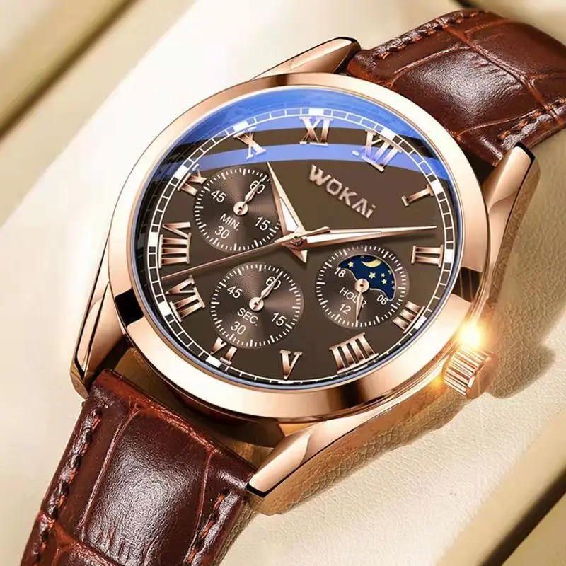

WOKAI high quality men's vintage hollowed-out belt calendar quartz watch Men's sports leisure business waterproof luminous clock