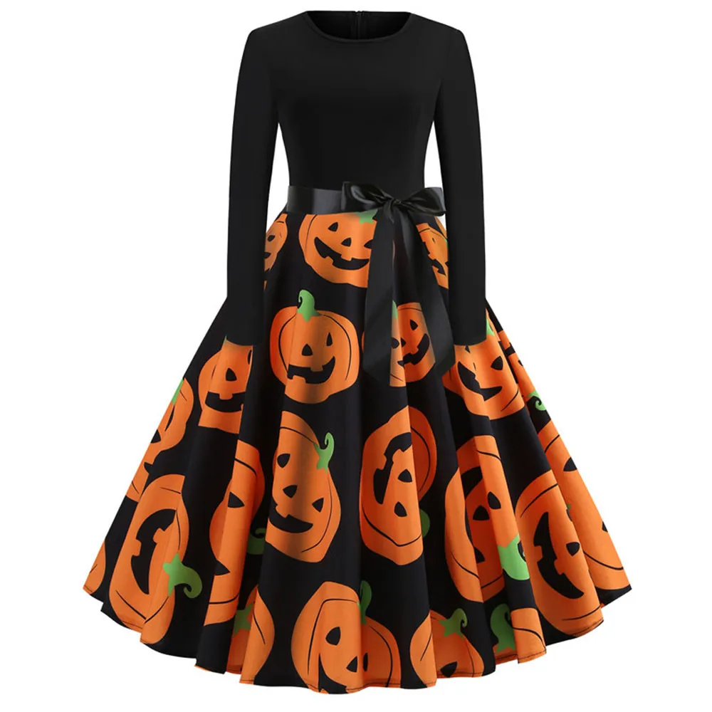 

2019 Women's Vintage Print Long Sleeve Halloween Evening Party Swing Dress Z930