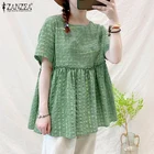 Элегантные клетчатые топы ZANZEA 2021, женские плиссированные блузки, повседневные блузки с высокой талией, Женская клетчатая туника, рубашка с коротким рукавом