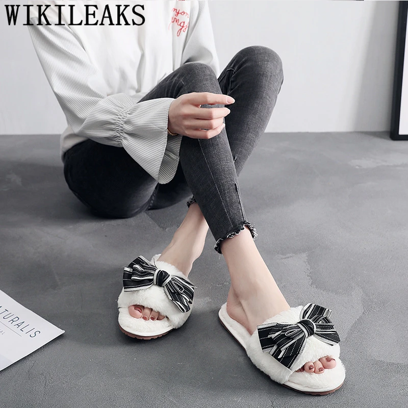 Зимние тапочки на плоской подошве для женщин Милые меховые Женские плюшевые