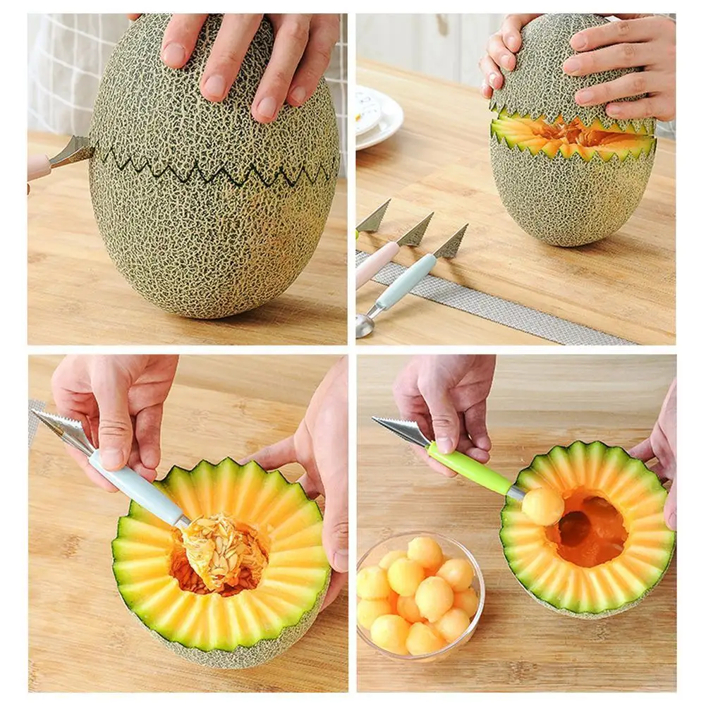 

2 In 1 Dual-head Fruit Carving Gadge Knife Kitchen Fruit Slicer Carving Ball DIY Fruit Watermelon Cream Cutter Plate Spoon O6L0