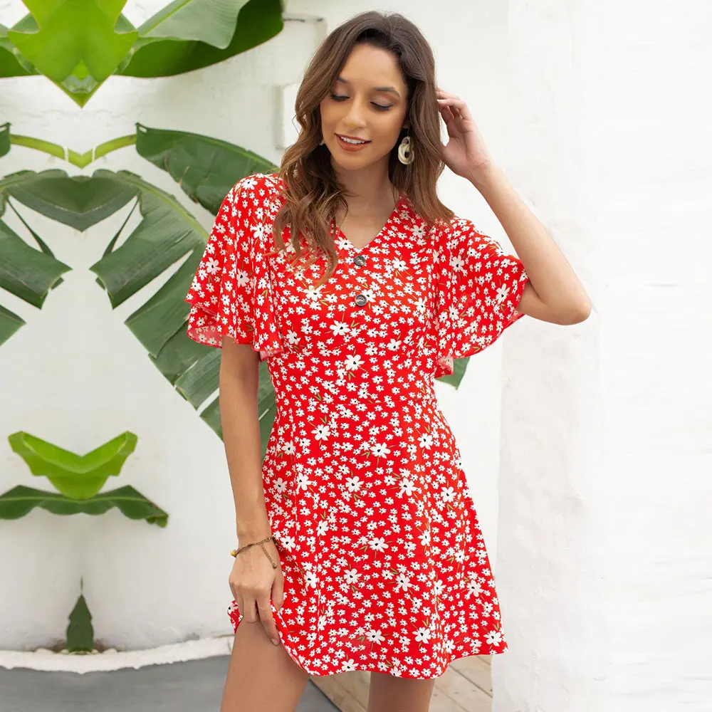 

2021 Spring Summer New Short Floral Dress Women Casual V Neck Butterfly Sleeve Button Print Mini Dresses Ladies Sweet