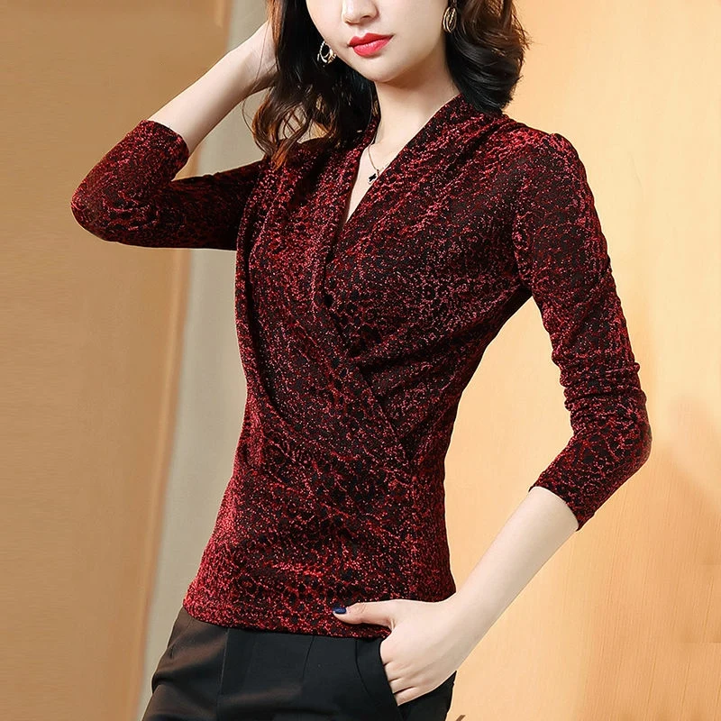 

NEW Women's Spring Autumn Style Blouses Shirt Women's Sequined Slim Leopard Printed Long Sleeve Elegant V-neck Tops
