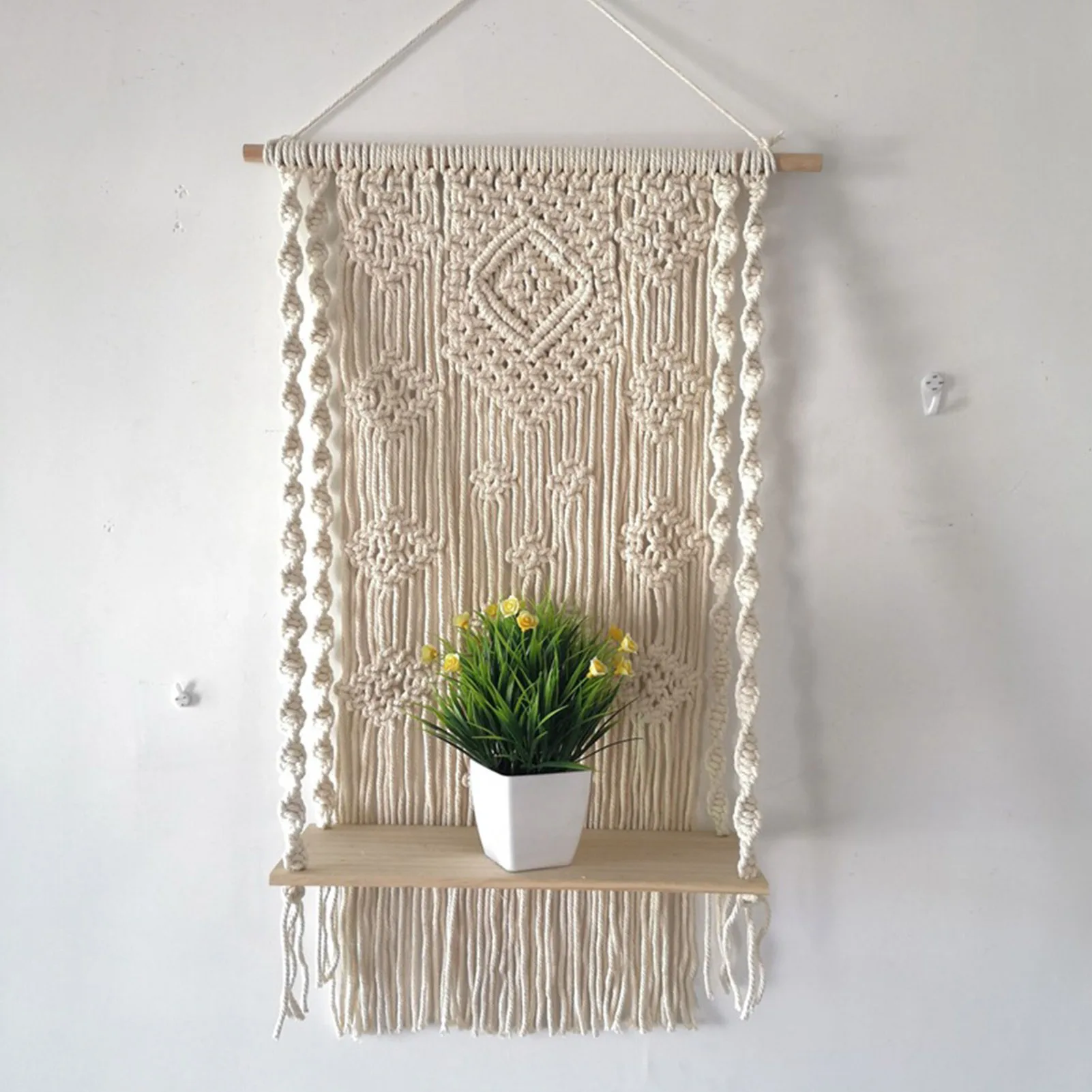 

Hand-Woven Macrame Tapestries Rack Wooden Floating Shelves For Wall Bohemian Decorative Shelves Wall Hanging Shelves Ornament