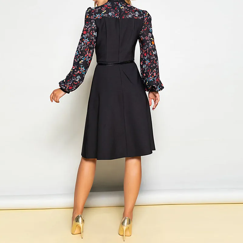

Women Summer Fashion Vintage A-line Dress NO Belt Elegant Flower Print Patchwork Dress Slim Working Dress Wear Office