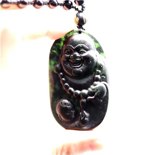 Подвеска из натурального черного зеленого нефрита и обсидиана ожерелье с