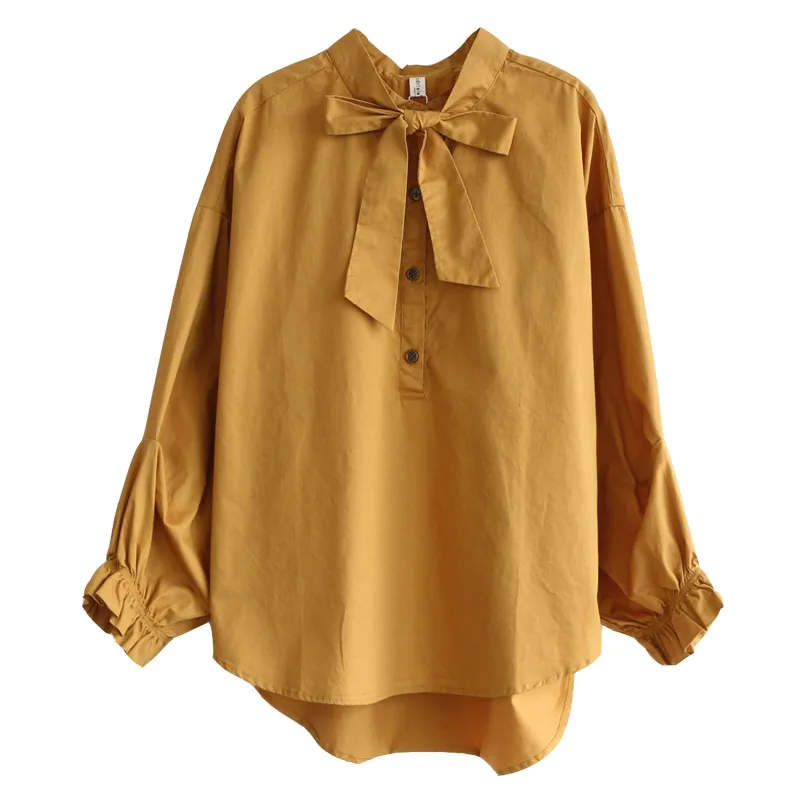 

Autumn Plus Size Women Elegant Long Sleeve Bow Tie Shirt Ruffles Tops Solid Cotton Blouse Spring Work Loose Chemise