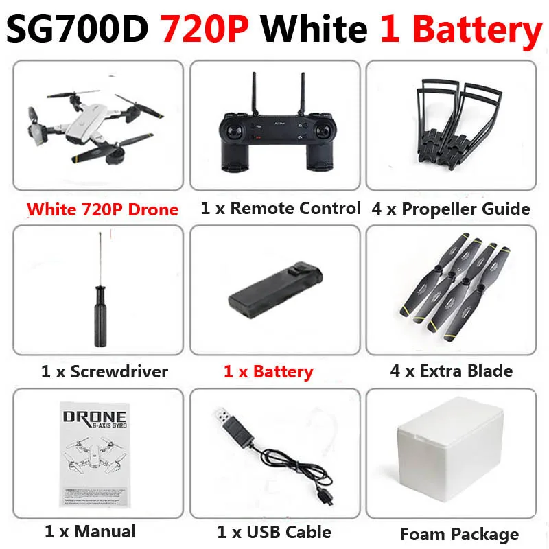 White 720P 1b Foam SG700-D WiFi FPV RC Дрон с двойной камерой 1080P 720P 4K селфи Профессиональный складной оптический поток Квадрокоптер вертолет - Цвет: White 720P 1b Foam
