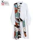 Новинка 2021, женское весеннее дизайнерское белое платье-рубашка с принтом, с поясом, размера плюс, женское повседневное стильное платье, Robe Femme 8006