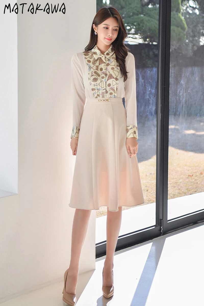Matakawa Skirt Suits Korean Fashion Vintage Elegant Print Patchwork Shirts + High Waist Slim Swing Faldas Largas Women Sets |
