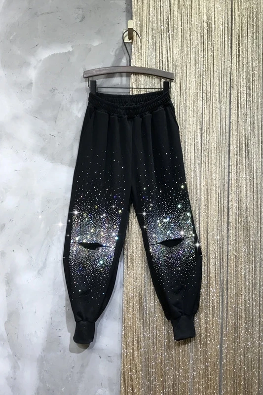 

Spring Fashion Hole Rhinestone Casual Trousers Women's Elastic Waist Straight Ankle-length Harem Pants All-match Pants